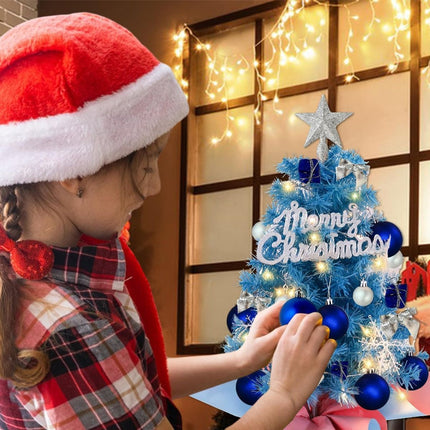 With LED String Light, Mini Christmas Tree, Tabletop Artificial Christmas Tree with Ornaments – Perfect for Home Indoor Decor, Living Room, Bedroom, Office Desk, Mantelpiece, Windowsill, Party Centerpiece and Holiday Display - Blue - Size 60cm