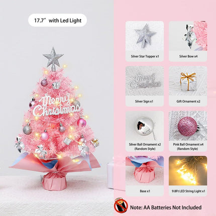 With LED String Light, Christmas Tree with Silver Star Topper, Tabletop Xmas Tree Ribbon Bow, Gift Pack, Ball Hanging Ornaments Decorated Paper Bag Base, Indoor Winter Holiday Table Decor - Pink - 17.7in