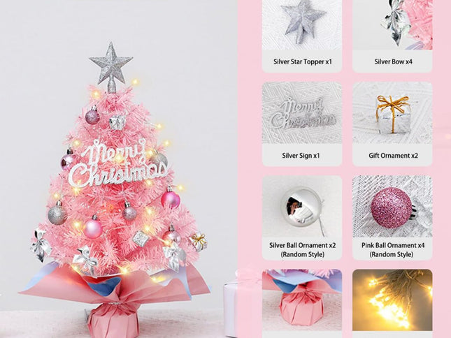 Mini Christmas Tree with LED String Light, Silver Star & Ornaments ‚Äì Pink, 17.7in