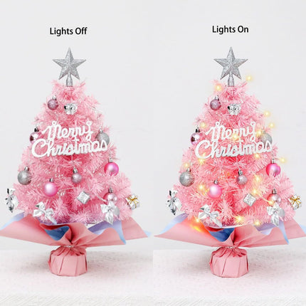 With LED String Light, Christmas Tree with Silver Star Topper, Tabletop Xmas Tree Ribbon Bow, Gift Pack, Ball Hanging Ornaments Decorated Paper Bag Base, Indoor Winter Holiday Table Decor - Pink - 17.7in