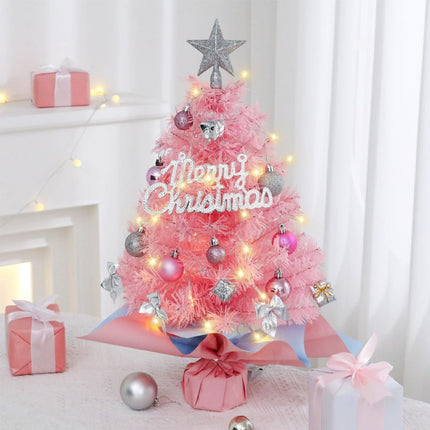 With LED String Light, Pink Christmas Tree with Silver Star Topper, Tabletop Xmas Tree Ribbon Bow, Gift Pack, Ball Hanging Ornaments Decorated Paper Bag Base, Indoor Winter Holiday Table Decor -Pink - 23.6in