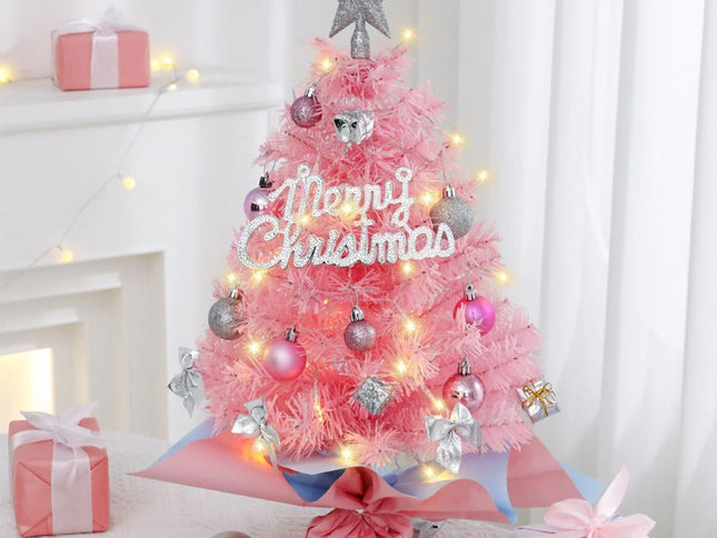 Mini Christmas Tree with LED String Light, Silver Star & Ornaments ‚Äì Pink, 23.6in
