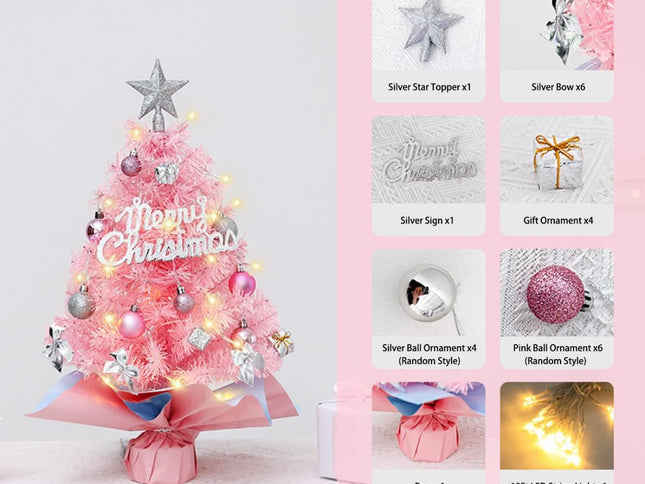 Mini Christmas Tree with LED String Light, Silver Star & Ornaments ‚Äì Pink, 23.6in