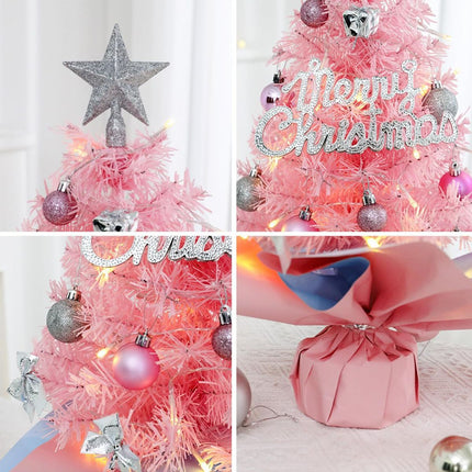 With LED String Light, Pink Christmas Tree with Silver Star Topper, Tabletop Xmas Tree Ribbon Bow, Gift Pack, Ball Hanging Ornaments Decorated Paper Bag Base, Indoor Winter Holiday Table Decor -Pink - 23.6in