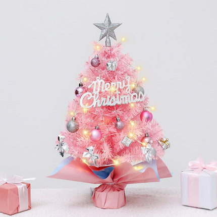 With LED String Light, Pink Christmas Tree with Silver Star Topper, Tabletop Xmas Tree Ribbon Bow, Gift Pack, Ball Hanging Ornaments Decorated Paper Bag Base, Indoor Winter Holiday Table Decor -Pink - 23.6in