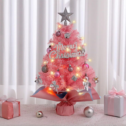 With LED String Light, Pink Christmas Tree with Silver Star Topper, Tabletop Xmas Tree Ribbon Bow, Gift Pack, Ball Hanging Ornaments Decorated Paper Bag Base, Indoor Winter Holiday Table Decor -Pink - 23.6in