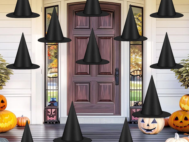 36 PCS Halloween Witch Hats, Black Hanging Witch Hats Porch Yard Decor | Witch Costume Accessories Witches Hat with 328 FT Nylon Cord Wizard Hats Indoor Outdoor Halloween Decorations - Black - Size 36Pcs