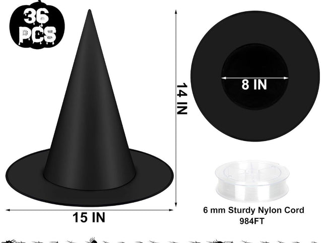 36 PCS Halloween Witch Hats, Black Hanging Witch Hats Porch Yard Decor | Witch Costume Accessories Witches Hat with 328 FT Nylon Cord Wizard Hats Indoor Outdoor Halloween Decorations - Black - Size 36Pcs