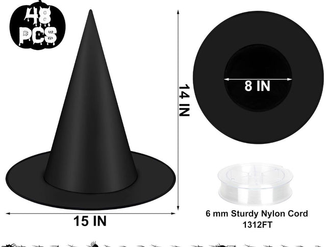 48 PCS Halloween Witch Hats, Black Hanging Witch Hats Porch Yard Decor | Witch Costume Accessories Witches Hat with 328 FT Nylon Cord Wizard Hats Indoor Outdoor Halloween Decorations - Black - Size 48Pcs