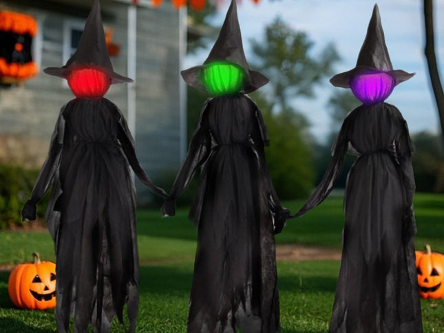 5 FT Witch Halloween Decorations Outdoor Yard Decor, Set of 3 | Changing Colors LEDs, Halloween Witch Yard Stakes, Haunted House Props for Lawn Garden Party