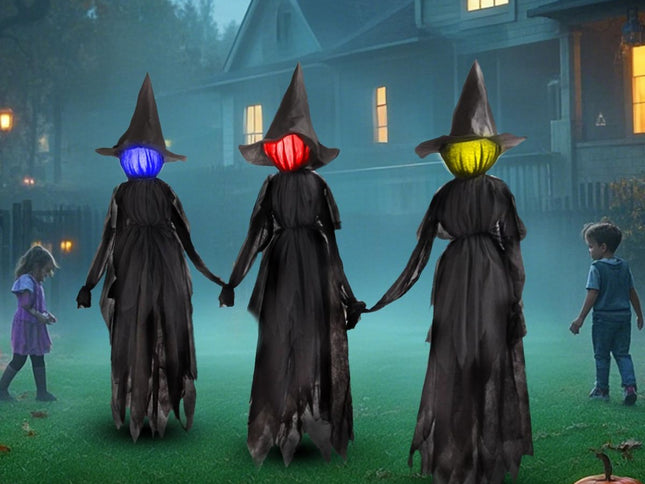 5 FT Witch Halloween Decorations Outdoor Yard Decor, Set of 3 | Changing Colors LEDs, Halloween Witch Yard Stakes, Haunted House Props for Lawn Garden Party