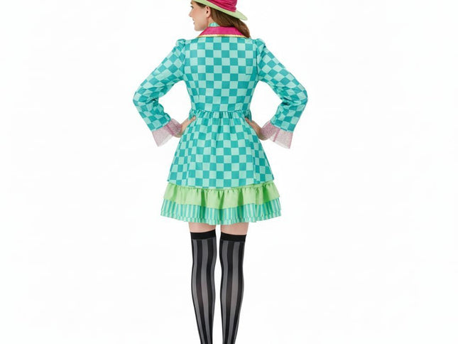 Hatter Costume Women Mad Tea Party Halloween Cosplay Dress with Bowtie Top Hat Leggings Mardi Gras Parade Outfits - Green - Size L