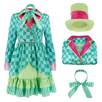 Hatter Costume Women Mad Tea Party Halloween Cosplay Dress with Bowtie Top Hat Leggings Mardi Gras Parade Outfits - Green - Size L