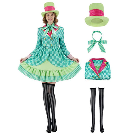 Hatter Costume Women Mad Tea Party Halloween Cosplay Dress with Bowtie Top Hat Leggings Mardi Gras Parade Outfits - Green - Size M