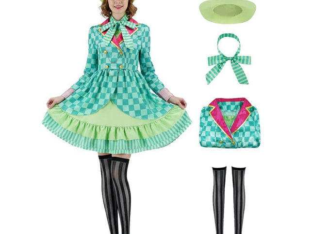 Hatter Costume Women Mad Tea Party Halloween Cosplay Dress with Bowtie Top Hat Leggings Mardi Gras Parade Outfits - Green - Size M