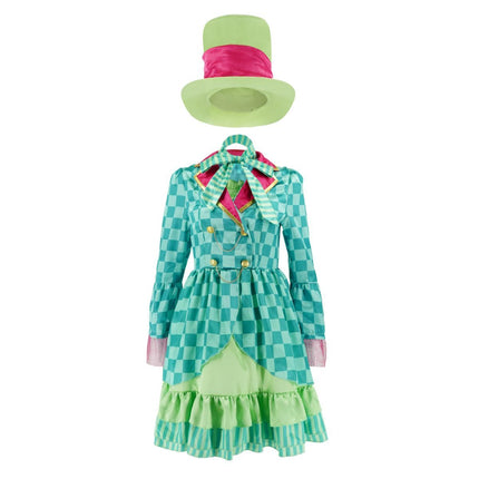 Hatter Costume Women Mad Tea Party Halloween Cosplay Dress with Bowtie Top Hat Leggings Mardi Gras Parade Outfits - Green - Size M