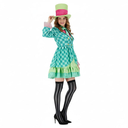 Hatter Costume Women Mad Tea Party Halloween Cosplay Dress with Bowtie Top Hat Leggings Mardi Gras Parade Outfits - Green - Size XL