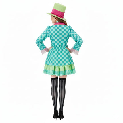 Hatter Costume Women Mad Tea Party Halloween Cosplay Dress with Bowtie Top Hat Leggings Mardi Gras Parade Outfits - Green - Size XXL