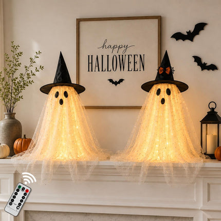 2pcs Halloween Decorations Indoor,Ghost Decor with String Lights Remote Control,Halloween Party Decorations,Spooky Ghost Light for Home Table Room Kitchen Office