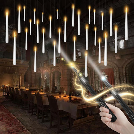 Flameless Floating Candles with Wand，30 Pcs Magic LED Hanging Taper Candles，Flickering Battery Operated Taper Candle with Wand Remote for Halloween Decorations Best Gift（White）