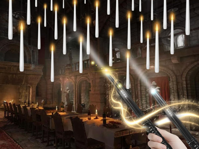 Flameless Floating Candles with Wand，30 Pcs Magic LED Hanging Taper Candles，Flickering Battery Operated Taper Candle with Wand Remote for Halloween Decorations Best Gift（White）
