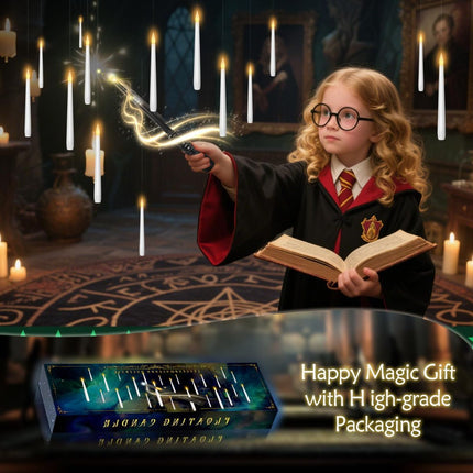 Flameless Floating Candles with Wand，30 Pcs Magic LED Hanging Taper Candles，Flickering Battery Operated Taper Candle with Wand Remote for Halloween Decorations Best Gift（White）
