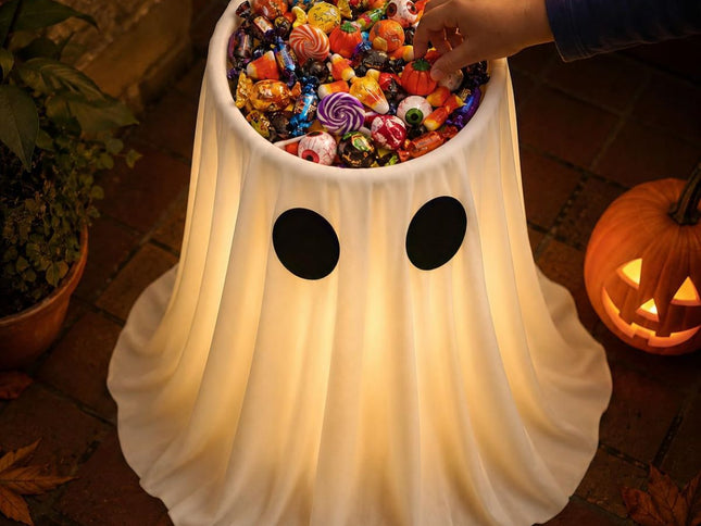 Halloween Decorations Outdoor Indoor, 30IN Lighted Ghost Candy Bowl with Timer Remote & Large Foldable Basin for Trick or Treating, Outside Ghost Decor for Porch Front-Door Yard Lawn Party.