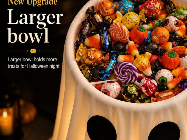 Halloween Decorations Outdoor Indoor, 30IN Lighted Ghost Candy Bowl with Timer Remote & Large Foldable Basin for Trick or Treating, Outside Ghost Decor for Porch Front-Door Yard Lawn Party.