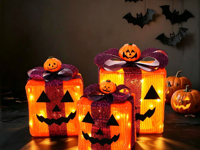 3 Pack Lighted Halloween Pumpkin Gift Boxes, 60 LED Battery Operated Jack O Lantern Decorations with Timer & 8 Modes