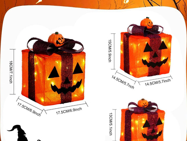3 Pack Lighted Halloween Pumpkin Gift Boxes, 60 LED Battery Operated Jack O Lantern Decorations with Timer & 8 Modes