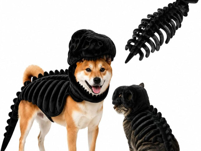 Dinosaur Skeleton Glow in Dark Dog and Cat Costume,Pet Dinosaur Costume,Plush Halloween Pet Hood Outfit - Black - Size 47.2in