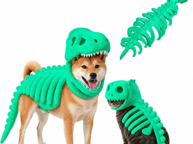 Dinosaur Skeleton Glow in Dark Dog and Cat Costume,Pet Dinosaur Costume,Plush Halloween Pet Hood Outfit - Green - Size 47.2in