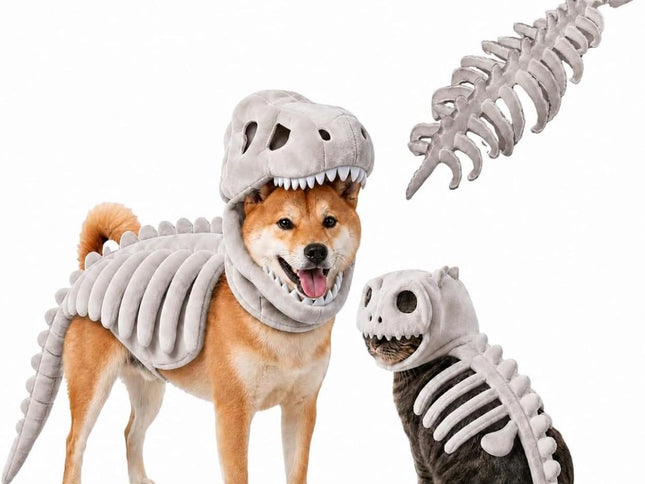 Dinosaur Skeleton Glow in Dark Dog and Cat Costume,Pet Dinosaur Costume,Plush Halloween Pet Hood Outfit - Gray - Size 47.2in