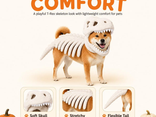 Dinosaur Skeleton Glow in Dark Dog and Cat Costume,Pet Dinosaur Costume,Plush Halloween Pet Hood Outfit - Gray - Size 47.2in