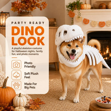 Dinosaur Skeleton Glow in Dark Dog and Cat Costume,Pet Dinosaur Costume,Plush Halloween Pet Hood Outfit - Gray - Size 47.2in