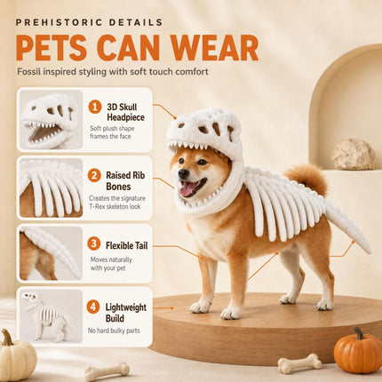 Dinosaur Skeleton Glow in Dark Dog and Cat Costume,Pet Dinosaur Costume,Plush Halloween Pet Hood Outfit - Gray - Size 47.2in