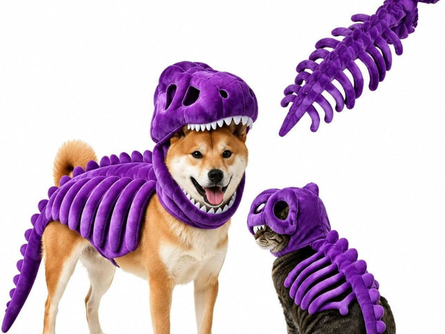 Dinosaur Skeleton Glow in Dark Dog and Cat Costume,Pet Dinosaur Costume,Plush Halloween Pet Hood Outfit - Purple - Size 47.2in