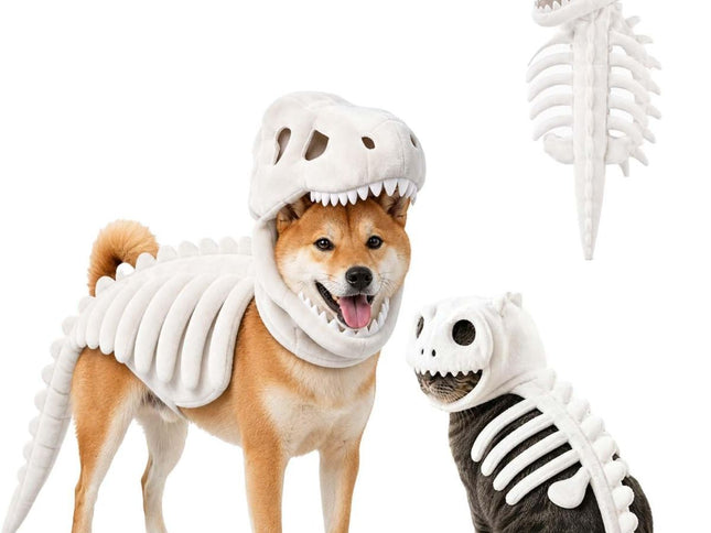 Dinosaur Skeleton Glow in Dark Dog and Cat Costume,Pet Dinosaur Costume,Plush Halloween Pet Hood Outfit - White - Size 47.2in