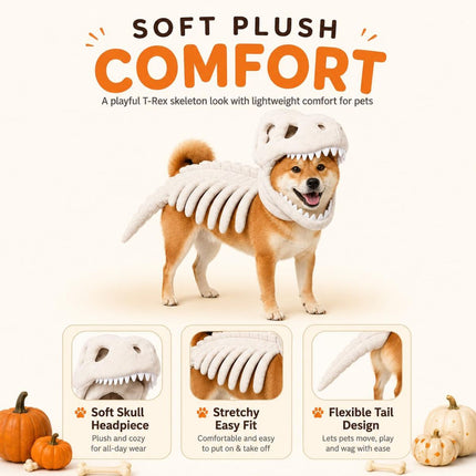 Dinosaur Skeleton Glow in Dark Dog and Cat Costume,Pet Dinosaur Costume,Plush Halloween Pet Hood Outfit - White - Size 47.2in