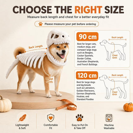 Dinosaur Skeleton Glow in Dark Dog and Cat Costume,Pet Dinosaur Costume,Plush Halloween Pet Hood Outfit - White - Size 47.2in