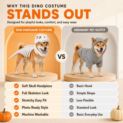 Dinosaur Skeleton Glow in Dark Dog and Cat Costume,Pet Dinosaur Costume,Plush Halloween Pet Hood Outfit - White - Size 47.2in