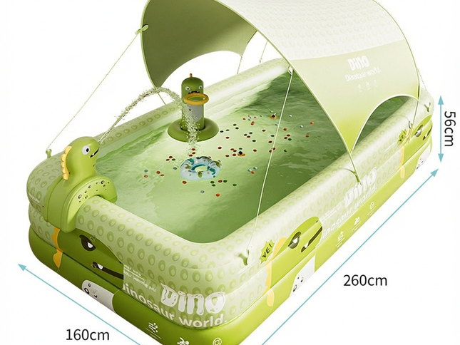 Inflatable Swimming Pool 260√ó160√ó56cm with Canopy & Dinosaur Spray ‚Äì Kids Outdoor Water Play Set for Backyard, Garden, Summer Fun (Green)