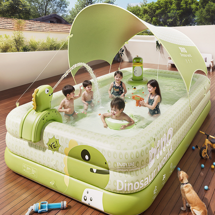 Inflatable Swimming Pool 260×160×56cm with Canopy & Dinosaur Spray – Kids Outdoor Water Play Set for Backyard, Garden, Summer Fun (Green)