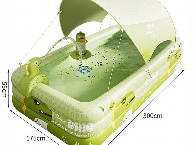 Inflatable Swimming Pool 300√ó175√ó56cm with Canopy & Dinosaur Spray ‚Äì Kids Outdoor Water Play Set for Backyard, Garden, Summer Fun (Green)