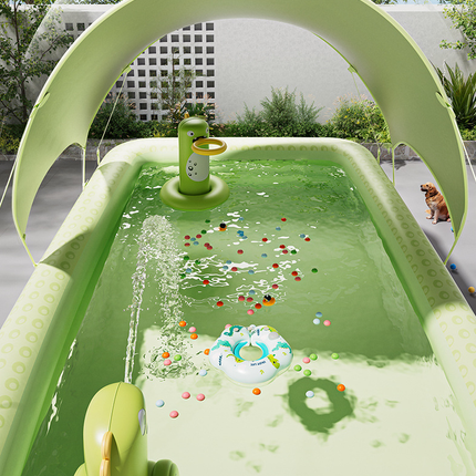 Inflatable Swimming Pool 300×175×56cm with Canopy & Dinosaur Spray – Kids Outdoor Water Play Set for Backyard, Garden, Summer Fun (Green)