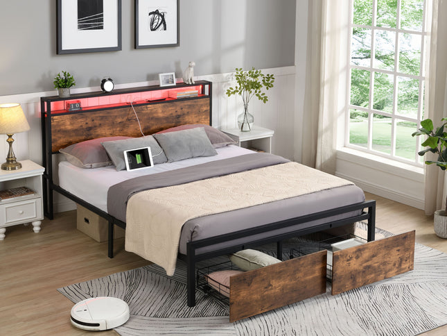 Double Bed Frame with Storage, Industrial Bed with Led Lights Headboard and 2 Drawers, Wooden Bed Frames with Charging Station, Noise Free, No Box Spring Needed, Easy Assembly, Rustic Brown