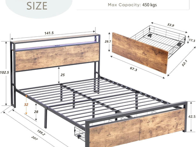 Double Bed Frame with Storage, Industrial Bed with Led Lights Headboard and 2 Drawers, Wooden Bed Frames with Charging Station, Noise Free, No Box Spring Needed, Easy Assembly, Rustic Brown