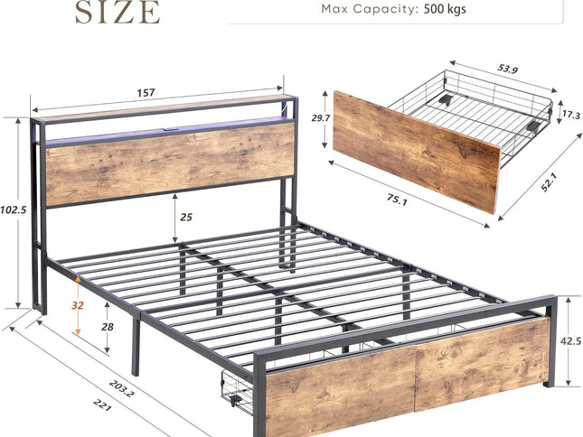 Queen Bed Frame with Storage, Industrial Bed with Led Lights Headboard and 2 Drawers, Wooden Bed Frames with Charging Station, Noise Free, No Box Spring Needed, Easy Assembly, Rustic Brown