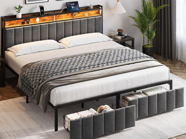 King Bed Frame with 2 Storage Drawers and LED Lights Headboard, Upholstered Bed Frame with Charging Station, No Box Spring Needed, Easy Assembly - Grey