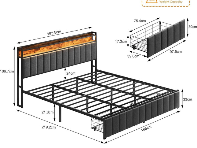 King Bed Frame with 2 Storage Drawers and LED Lights Headboard, Upholstered Bed Frame with Charging Station, No Box Spring Needed, Easy Assembly - Grey